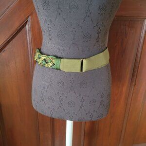Vintage Ione Womens Braided Green Belt With Metal Buckle & Hook Loop Closure